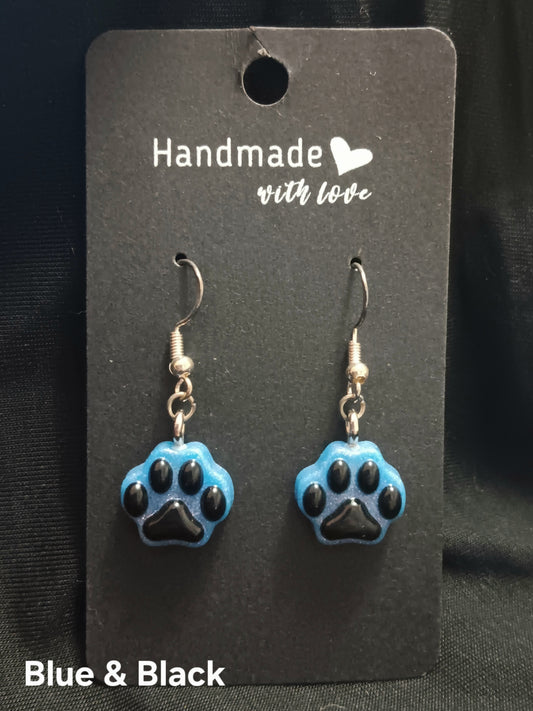 Blue and black paw dangle earrings with metal hooks
