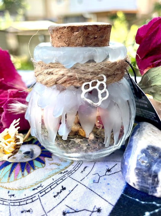 Glass pet spell jar with cork, twine wrap, and paw-print charm