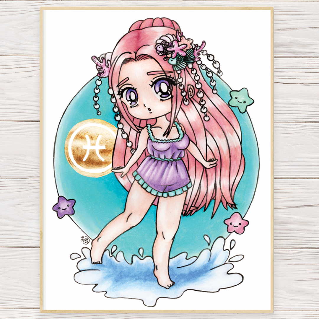 Framed Pisces zodiac art print with a pink-haired girl in a pastel blue water scene