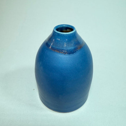 French blue ceramic bud vase with narrow neck and rounded body