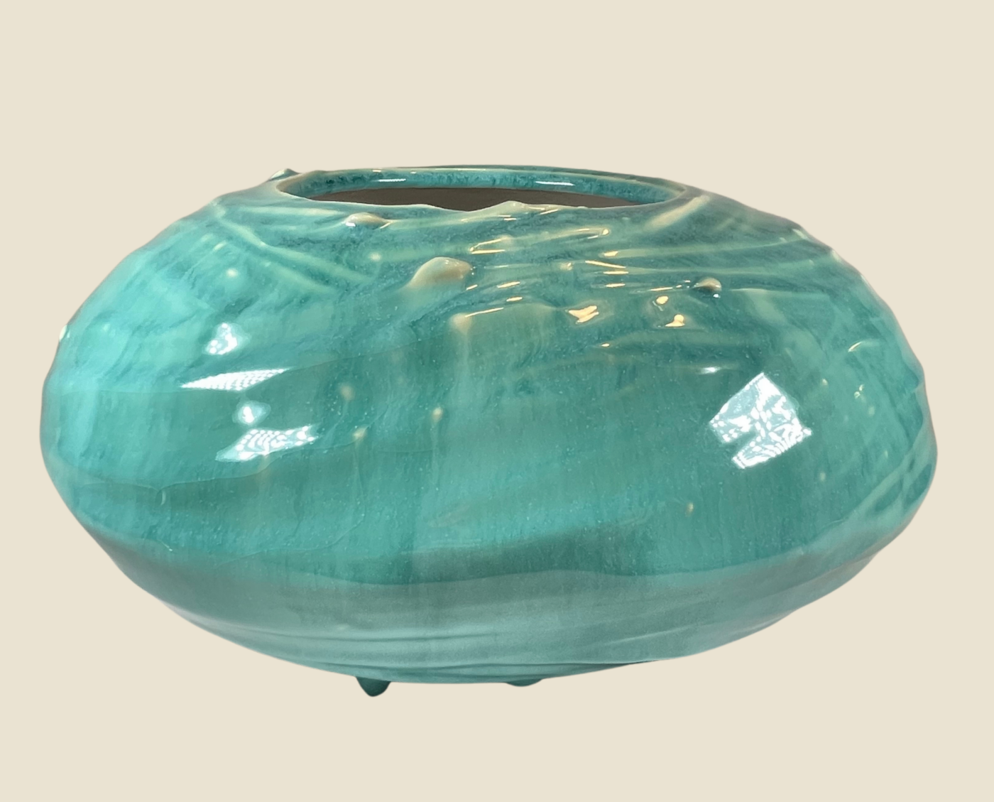 Artisan crackle vase, teal ceramic, wide body with scalloped rim and glossy finish