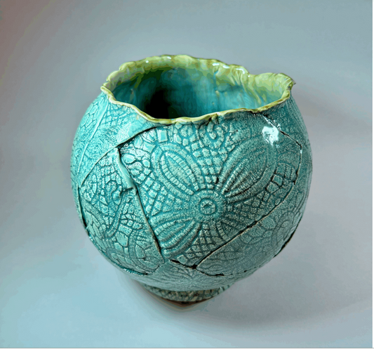 Textured moon ceramic vase, teal crackle finish and scalloped rim