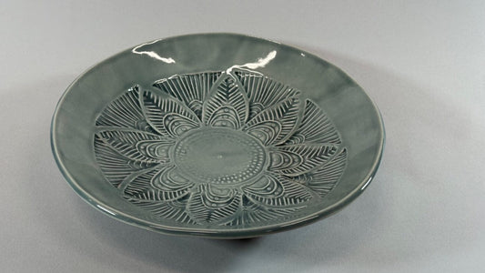 Ceramic stamped flower bowl with embossed floral medallion, gray-green