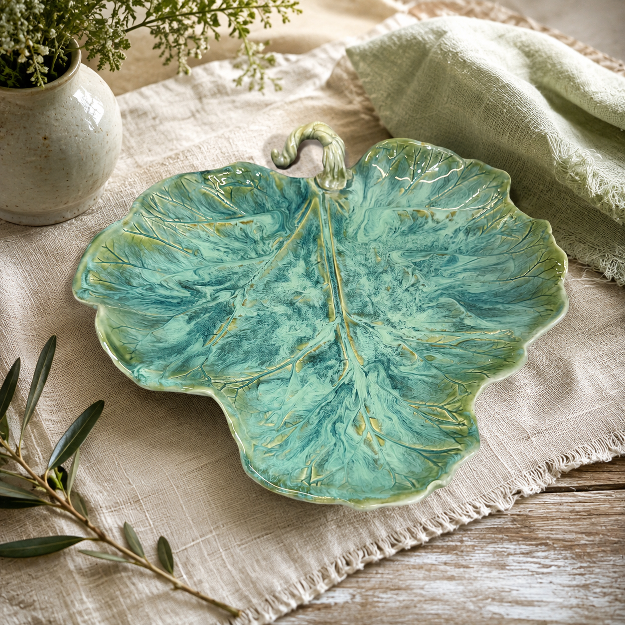 Leaf-shaped ceramic serving platter with blue-green glaze and raised vein pattern
