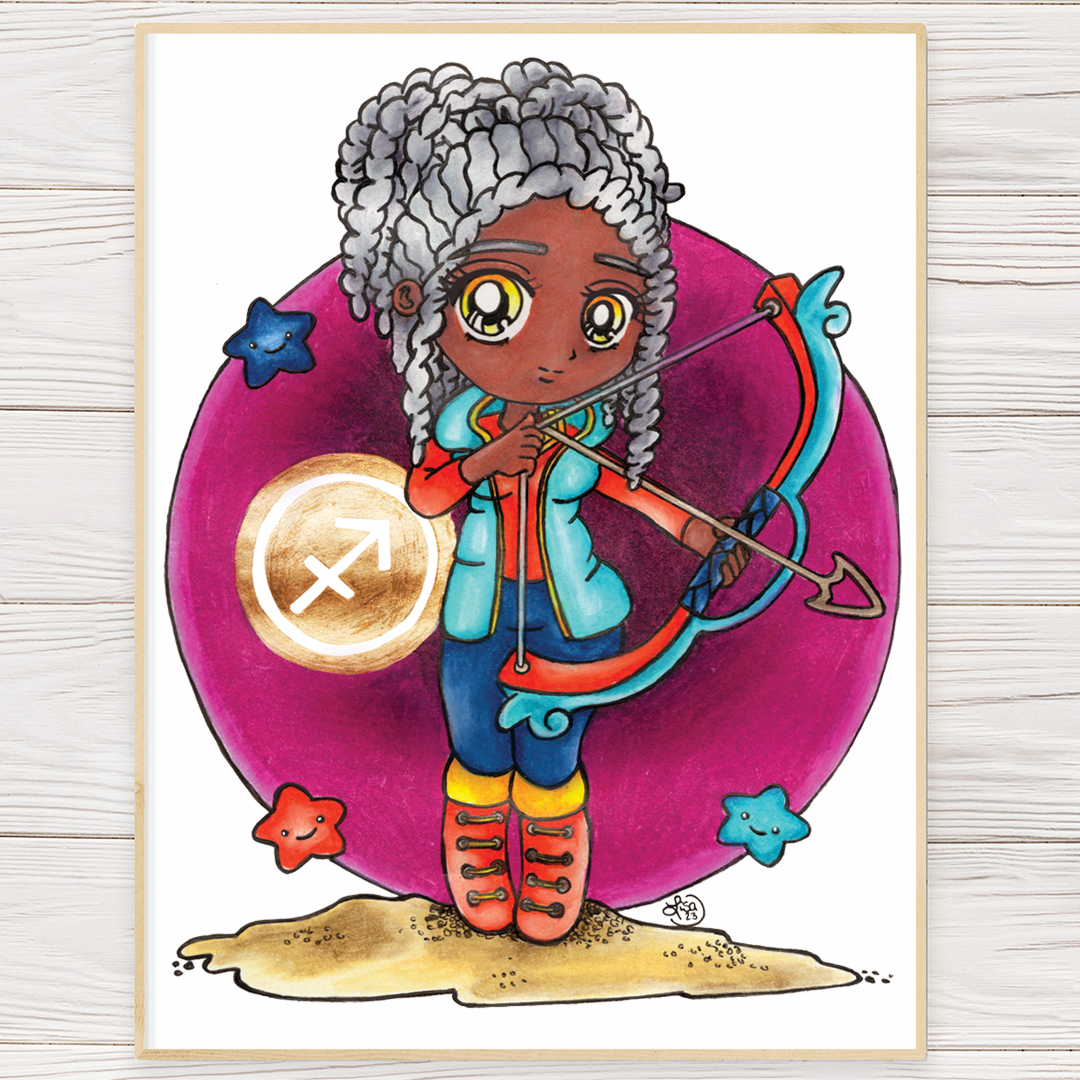 Sagittarius art print of a curly-haired girl holding a bow and arrow