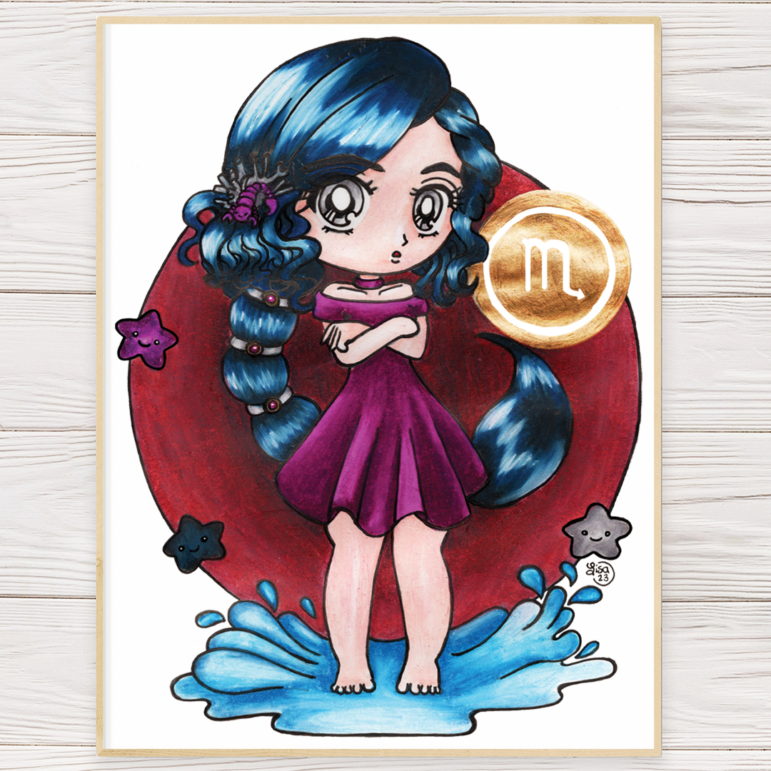 Girls Scorpio art print with cartoon girl, blue hair, red cloak, gold scorpio emblem