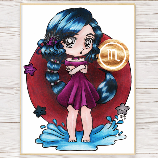 Girls Scorpio art print with cartoon girl, blue hair, red cloak, gold scorpio emblem