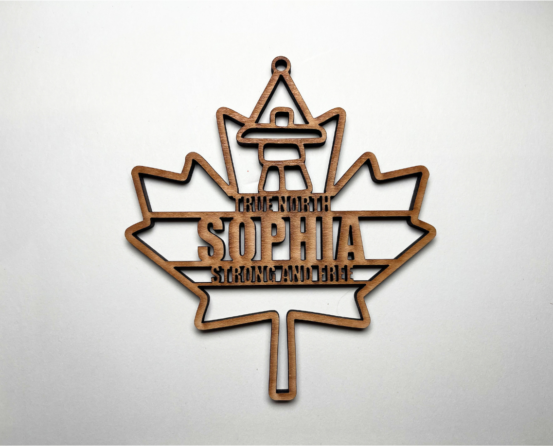 Maple Leaf with Inukshuk Ornament – Customizable