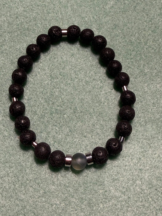 Lava Stone, Stainless Steel, and Glass Bead Bracelet