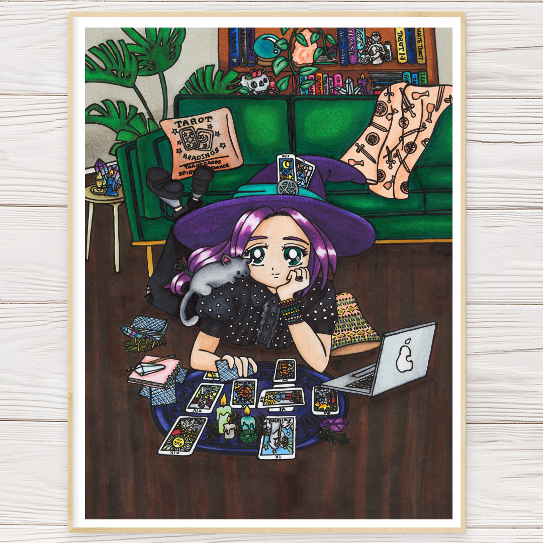 Framed art print of a tarot witch with purple hair, black outfit, and scattered cards