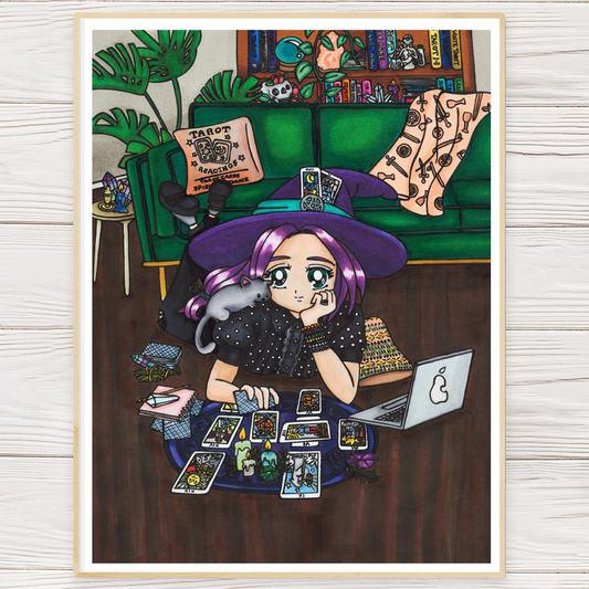 Framed art print of a tarot witch with purple hair, black outfit, and scattered cards