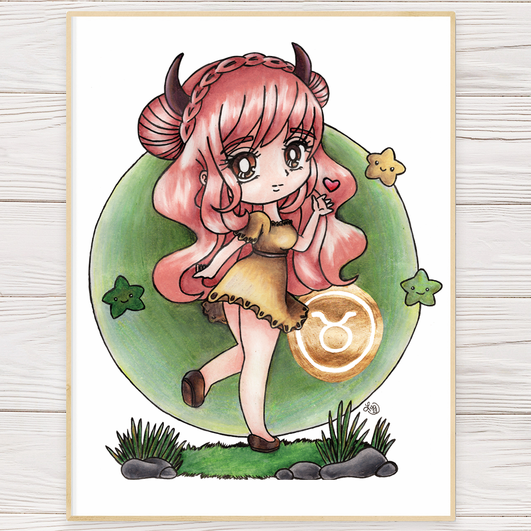 Framed art print of a pink-horned cartoon girl on green circle with Taurus symbol