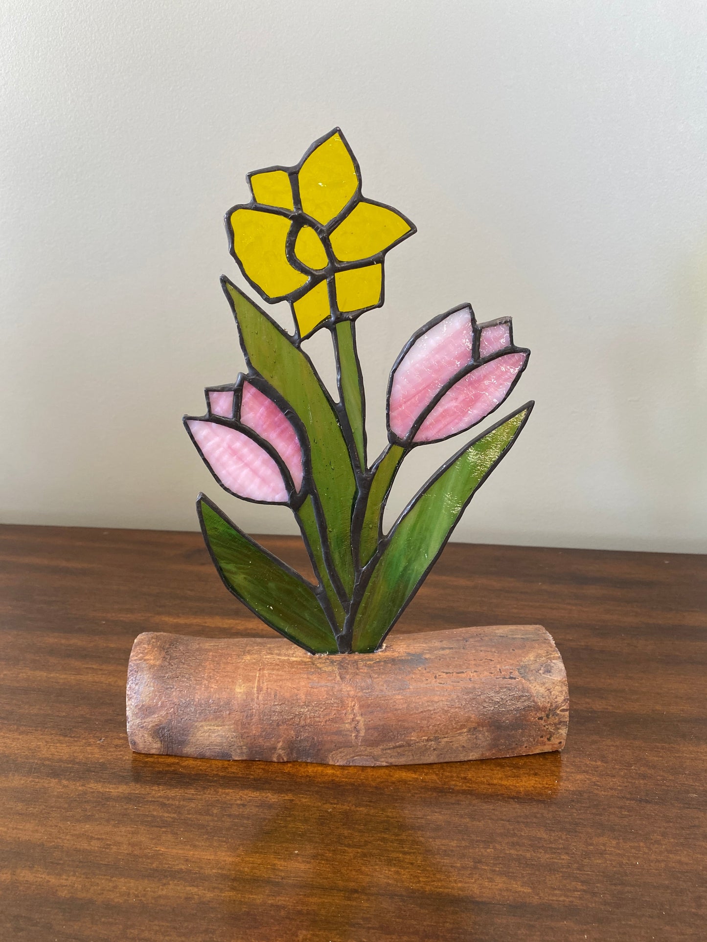 Stained Glass Tulip & Daffodil Spring Bouquet on Driftwood Base -  available in a variety of colours