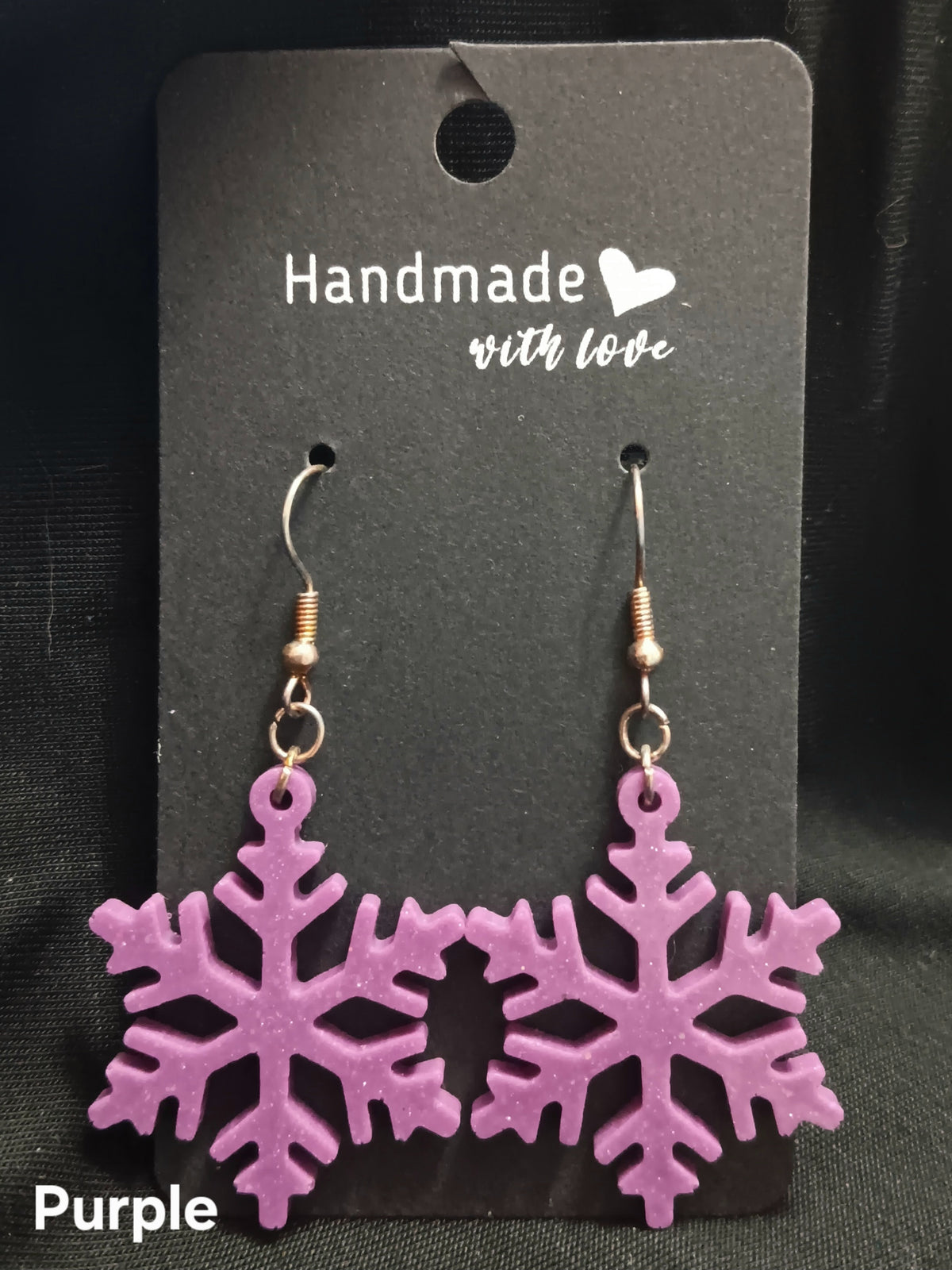 Purple thin snowflake dangle earrings, fishhook with dangling snowflake drops