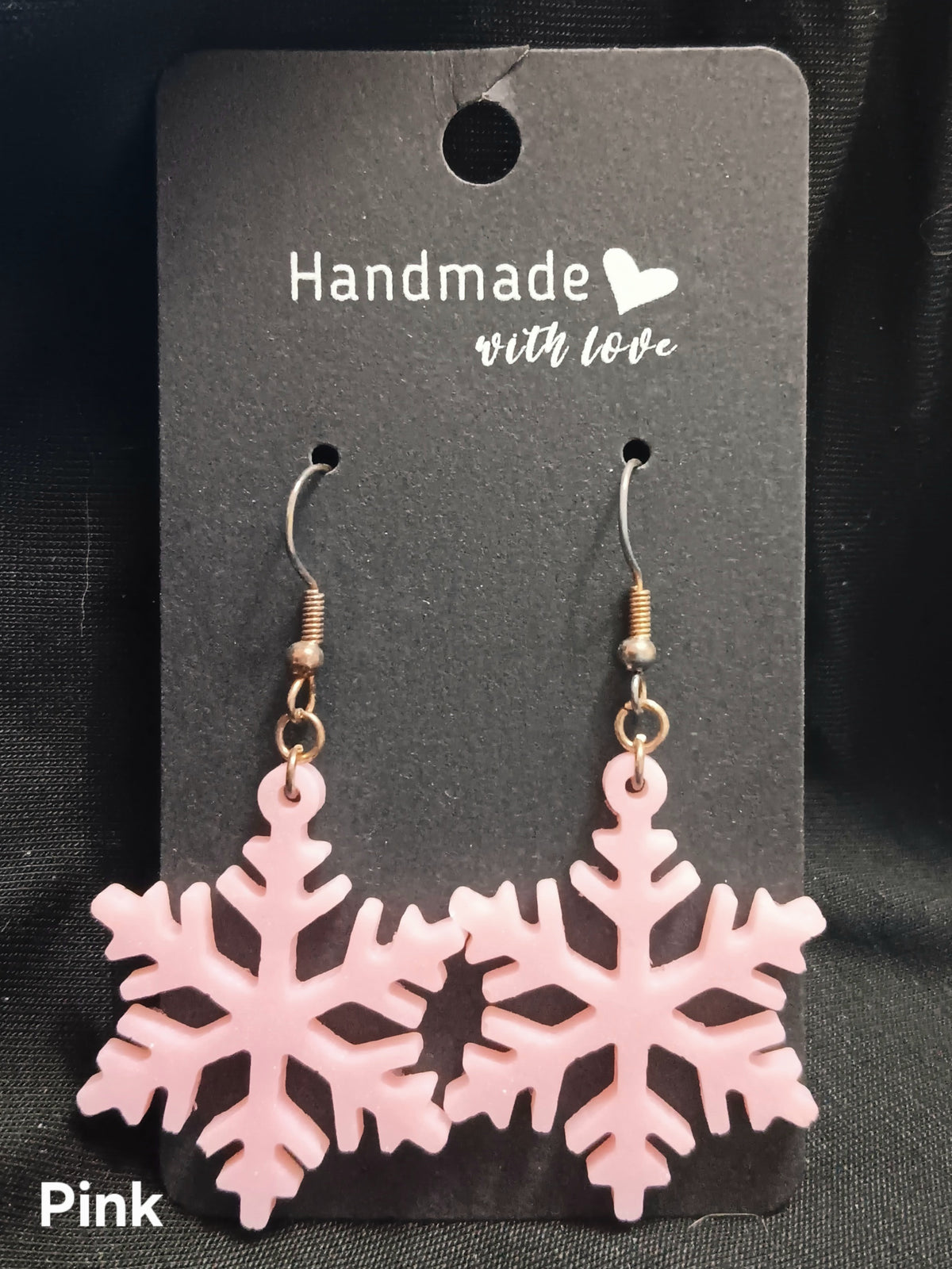 Pink thin snowflake dangle earrings, fishhook with dangling snowflake drops