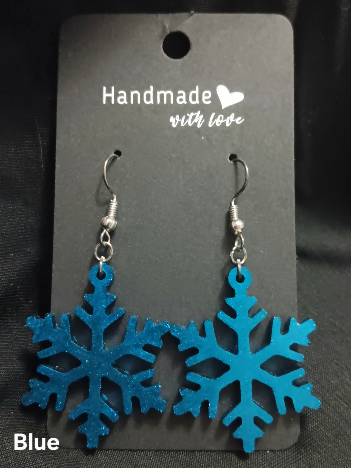 Blue thin snowflake dangle earrings, fishhook with dangling snowflake drops