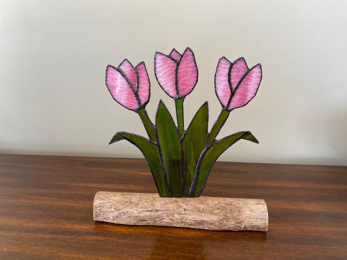 Stained Glass Tulip Flower Bouquet Inlaid on Driftwood Base -  various colours to choose from