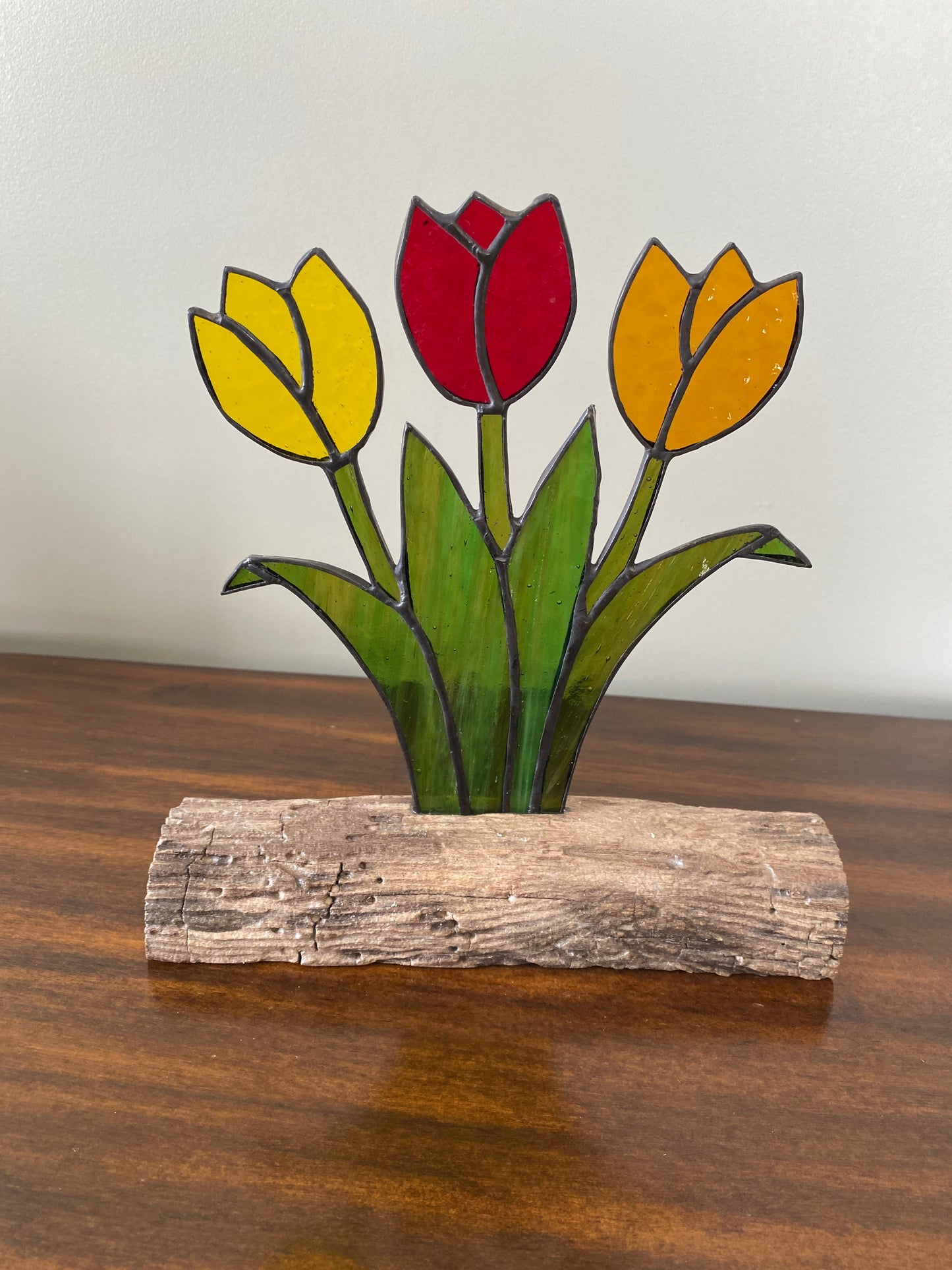 Stained Glass Tulip Flower Bouquet Inlaid on Driftwood Base -  various colours to choose from