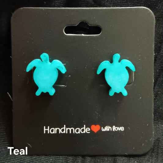Teal turtle stud earrings with glossy resin turtle shapes, stud backs
