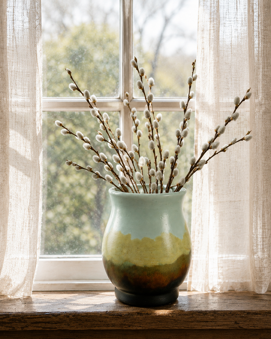 Meadowlight ceramic vase with willow stems, teal top and green-brown speckled glaze
