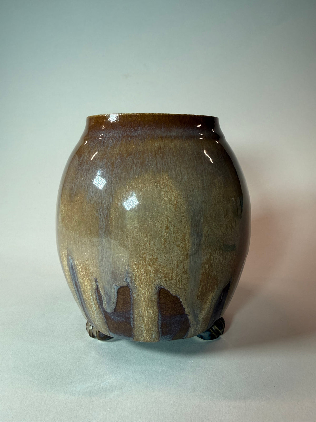 Lion's Mane glazed ceramic vase with rounded belly and wide opening, dark olive-brown.