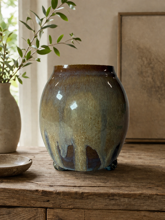 Green glazed ceramic vase with rounded belly and flared rim
