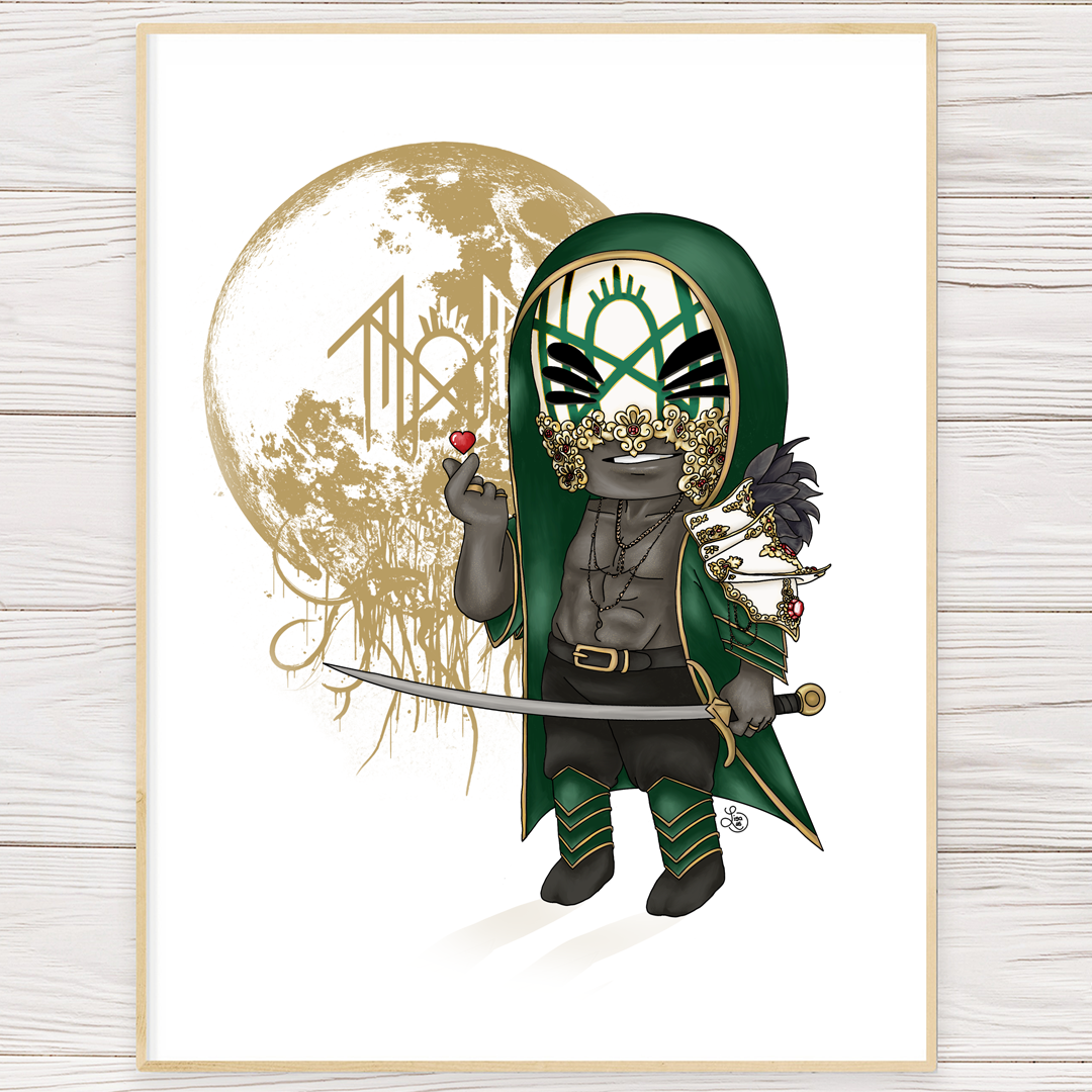 Framed art print featuring a green-masked character with black outfit and gold moon backdrop