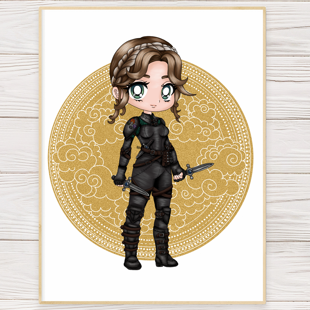 Violet art print featuring a chibi girl in dark outfit with gold cloud halo
