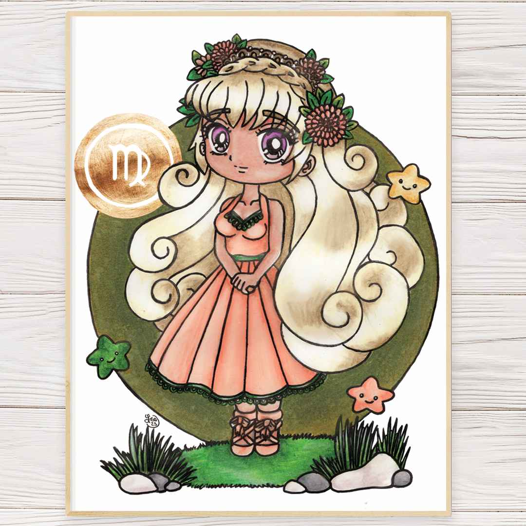 Framed art print of cute zodiac girl with flower crown, Virgo symbol, green circle