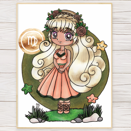 Framed art print of cute zodiac girl with flower crown, Virgo symbol, green circle