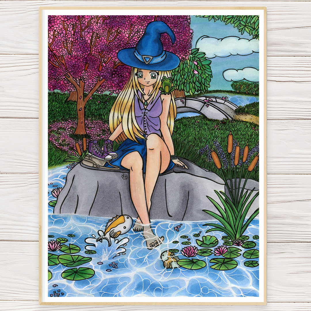 Water witch illustration art print: woman in blue hat on gray rock beside pond plants