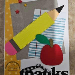 Pencil, Apple, Chalkboard on Yellow Dotted Background (Thanks) Greeting Card